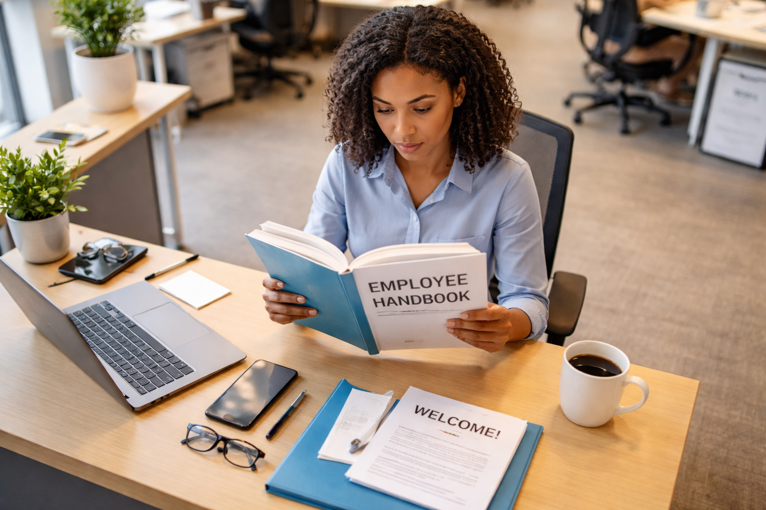 Employee reading handbook on first day