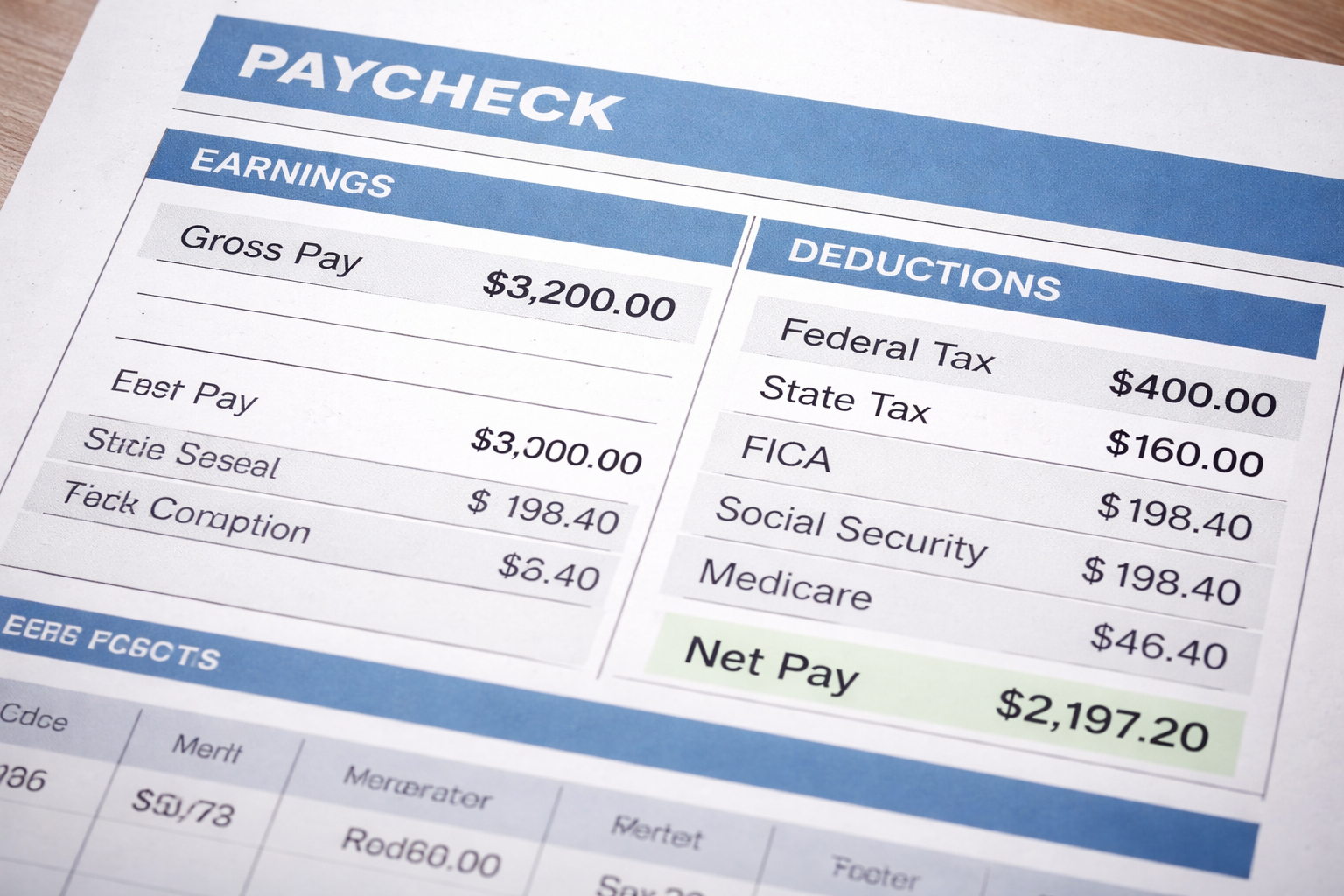 Paycheck stub with deductions